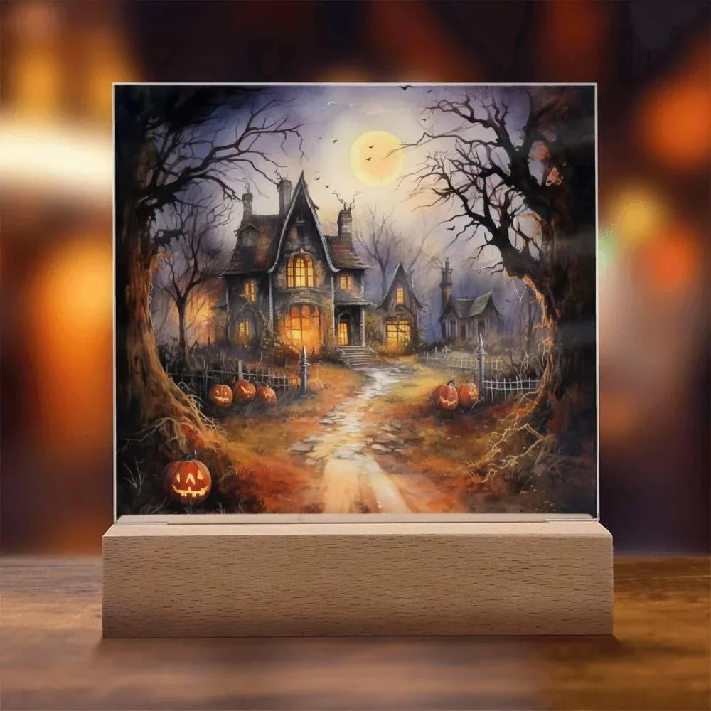 Ghostly Manor: Halloween Acrylic Square Plaque with LED Lighted Wooden Base