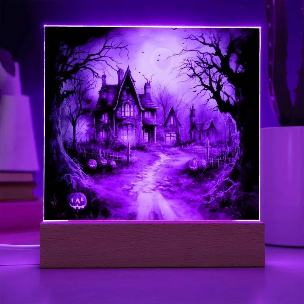 Ghostly Manor: Halloween Acrylic Square Plaque with LED Lighted Wooden Base
