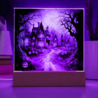Ghostly Manor: Halloween Acrylic Square Plaque with LED Lighted Wooden Base