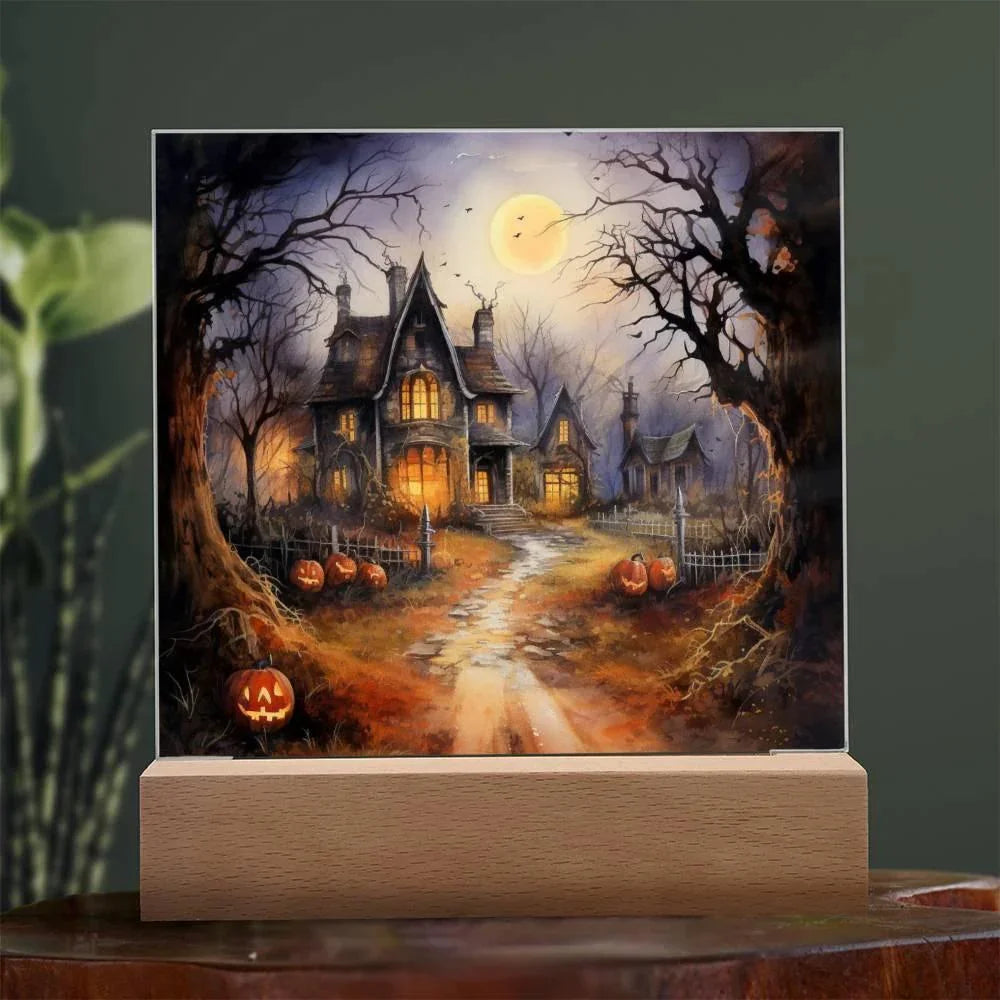 Ghostly Manor: Halloween Acrylic Square Plaque with LED Lighted Wooden Base