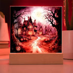Ghostly Manor: Halloween Acrylic Square Plaque with LED Lighted Wooden Base