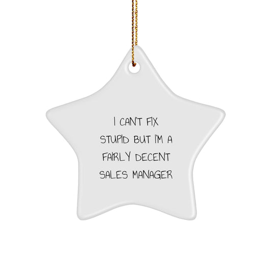 Funny Quote Gifts for Sales Manager Christmas Star Ornament Men, 'I Can't Fix Stupid But I'm A Fairly Decent Sales Manager' Star Ornament Gifts from Men to Friends - Image 1