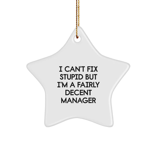 Funny Manager Gifts for Men - 'I Can't Fix Stupid But I'm A Fairly Decent Manager' Star Ornament, Christmas Unique Gifts from Boss - Image 1