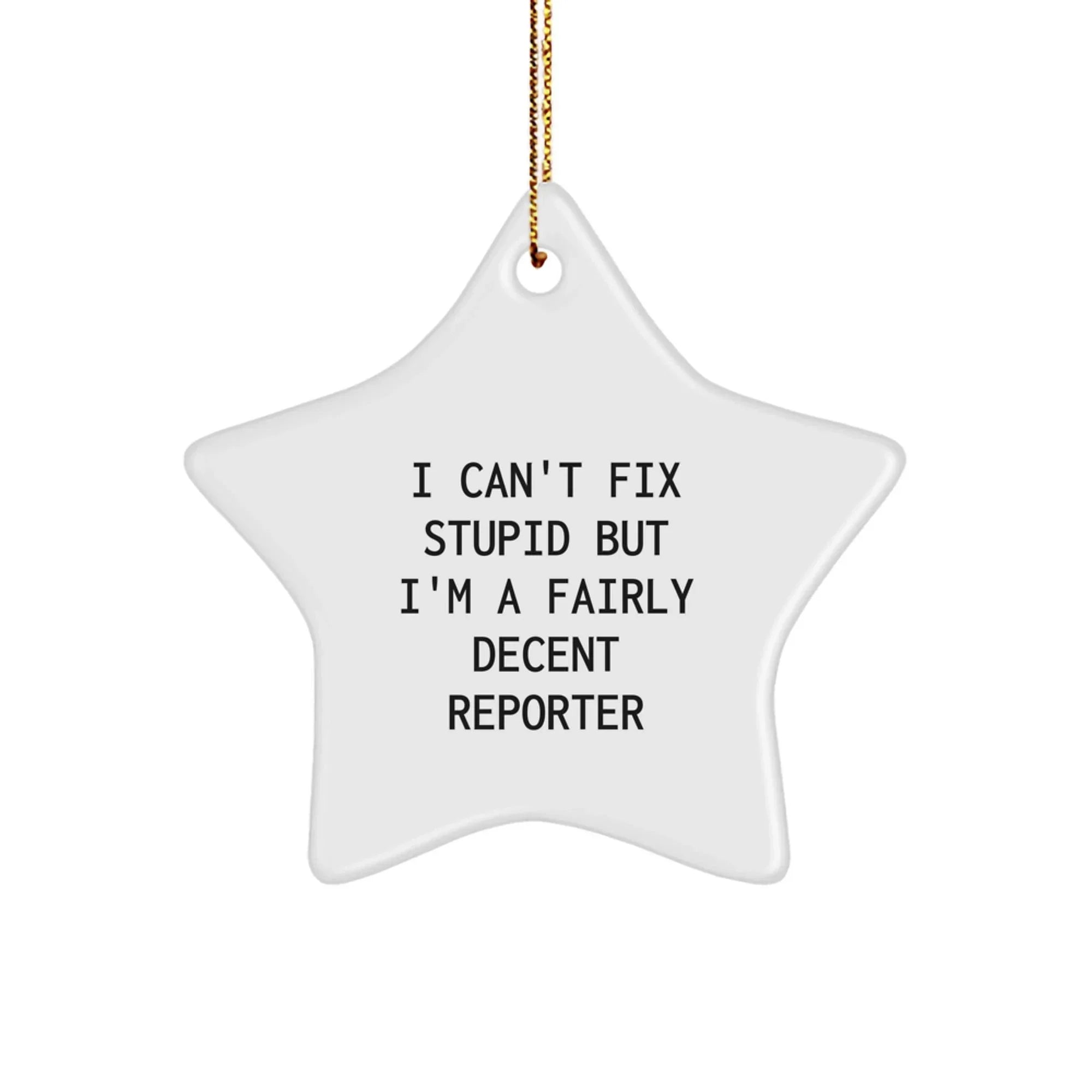 Funny Reporter Star Ornament, Gifts from Friends to Reporter, Unique Christmas Decorations, Star Shaped, White Color, Quote I Can't Fix Stupid But I'm A Fairly Decent Reporter