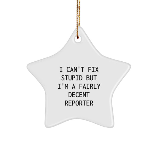 Funny Reporter Star Ornament, Gifts from Friends to Reporter, Unique Christmas Decorations, Star Shaped, White Color, Quote I Can't Fix Stupid But I'm A Fairly Decent Reporter - Image 1