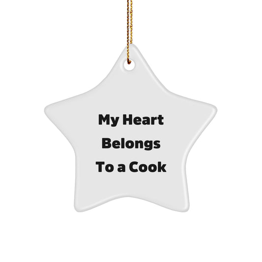 Funny Cook Gifts from Family - My Heart Belongs To A Cook Star Ornament, White, 3.25" tall - Perfect for Christmas Unique Gifts for Her, Him, Friends, Coworkers - Image 1