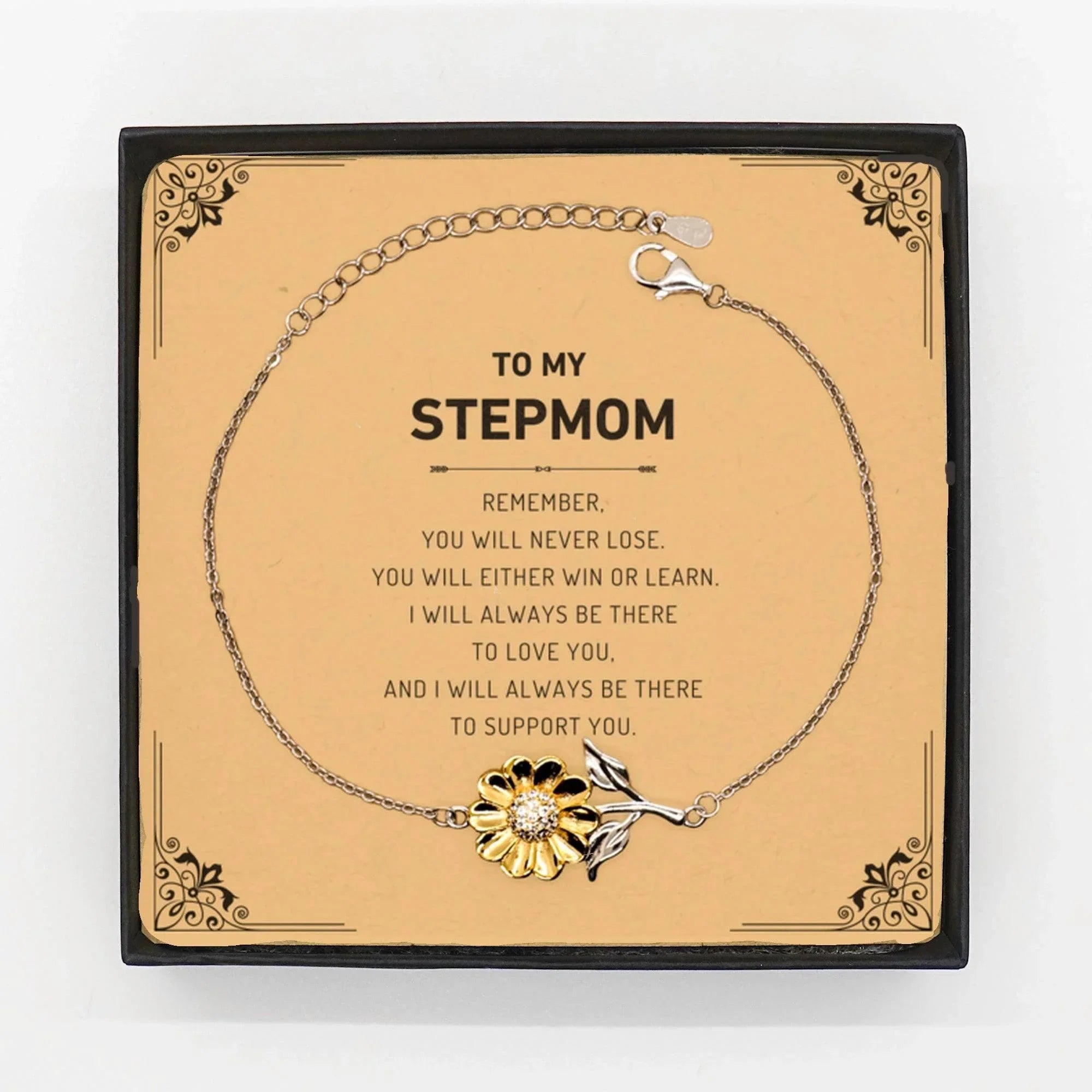 Stepmom Gifts, To My Stepmom Remember, you will never lose. You will either WIN or LEARN, Keepsake Sunflower Bracelet For Stepmom Card, Birthday Christmas Gifts Ideas For Stepmom X-mas Gifts