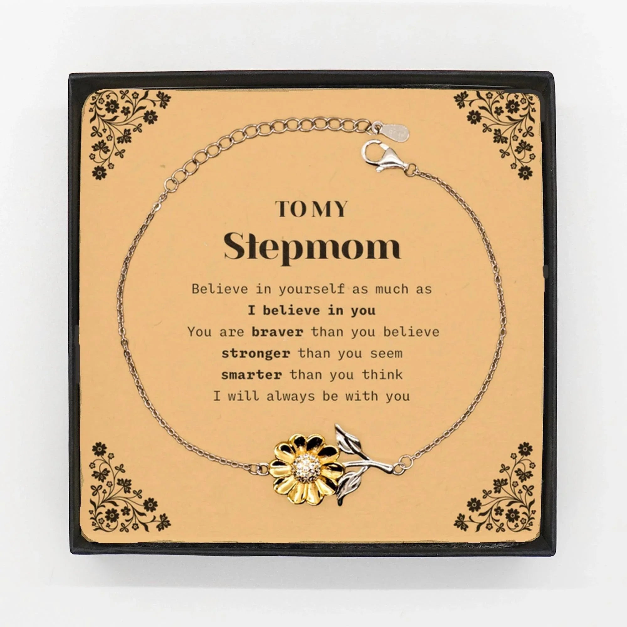 Stepmom Sunflower Bracelet Gifts, To My Stepmom You are braver than you believe, stronger than you seem, Inspirational Gifts For Stepmom Card, Birthday, Christmas Gifts For Stepmom Men Women