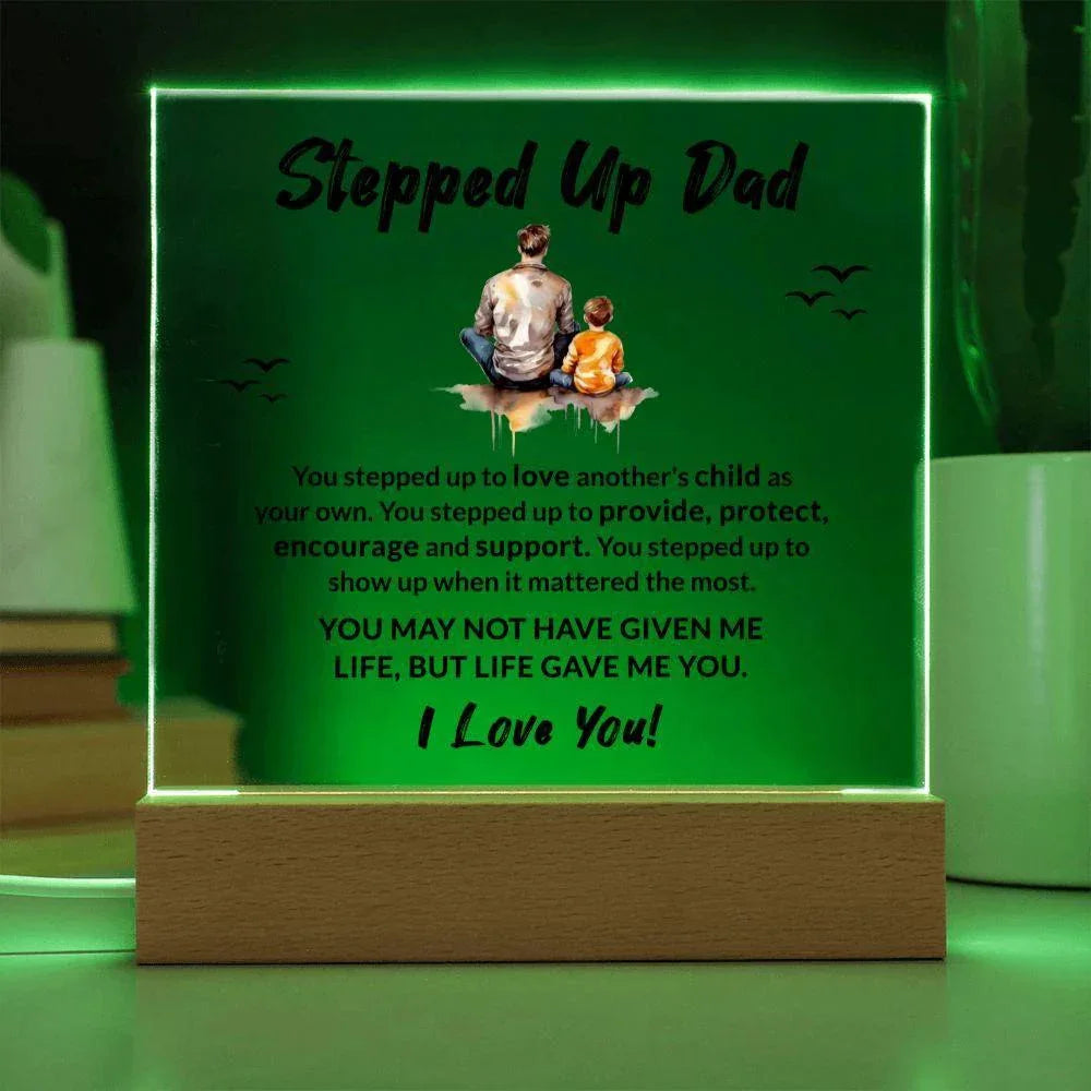 Stepped Up Dad Life Gave Me You Acrylic Plaque with LED Wooden Base