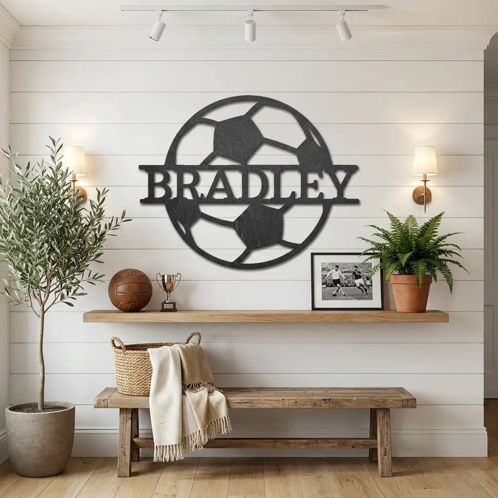 Personalized Soccer Ball Metal Wall Art – Custom Name Soccer Sign – Sports Decor for Kids Room, Soccer Player Gift, Indoor Outdoor Steel Sign
