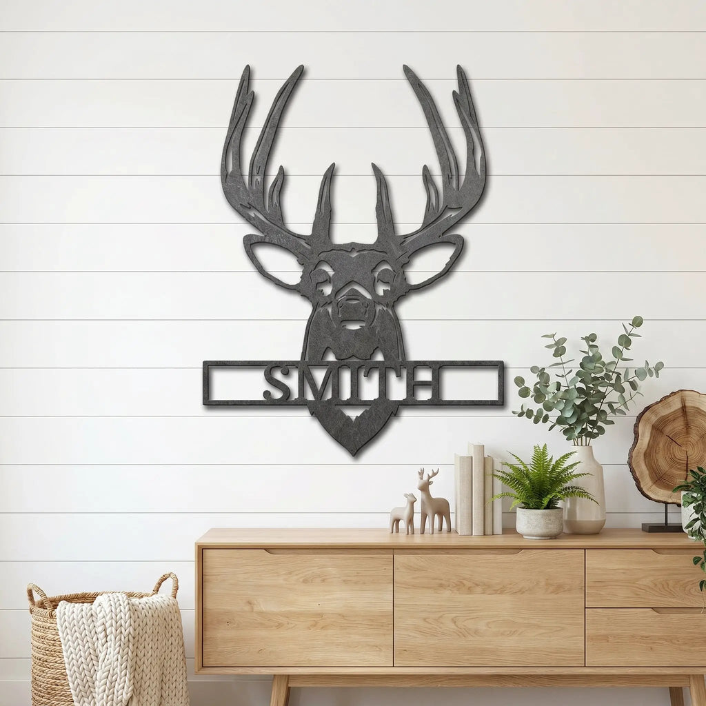 Personalized Deer Head Metal Wall Art Custom Family Name Sign Buck Antler Decor Rustic Cabin Farmhouse Wall Hanging Hunting Gift Idea