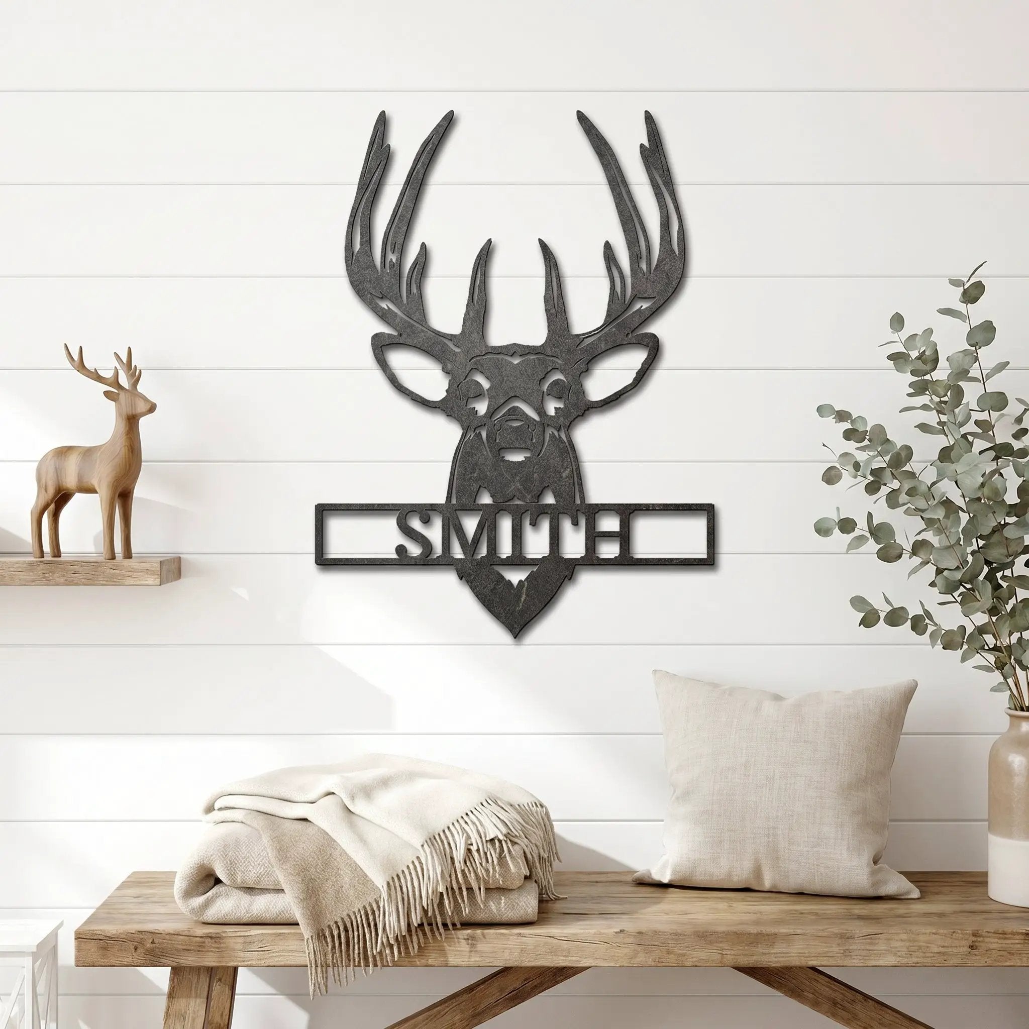 Personalized Deer Head Metal Wall Art Custom Family Name Sign Buck Antler Decor Rustic Cabin Farmhouse Wall Hanging Hunting Gift Idea