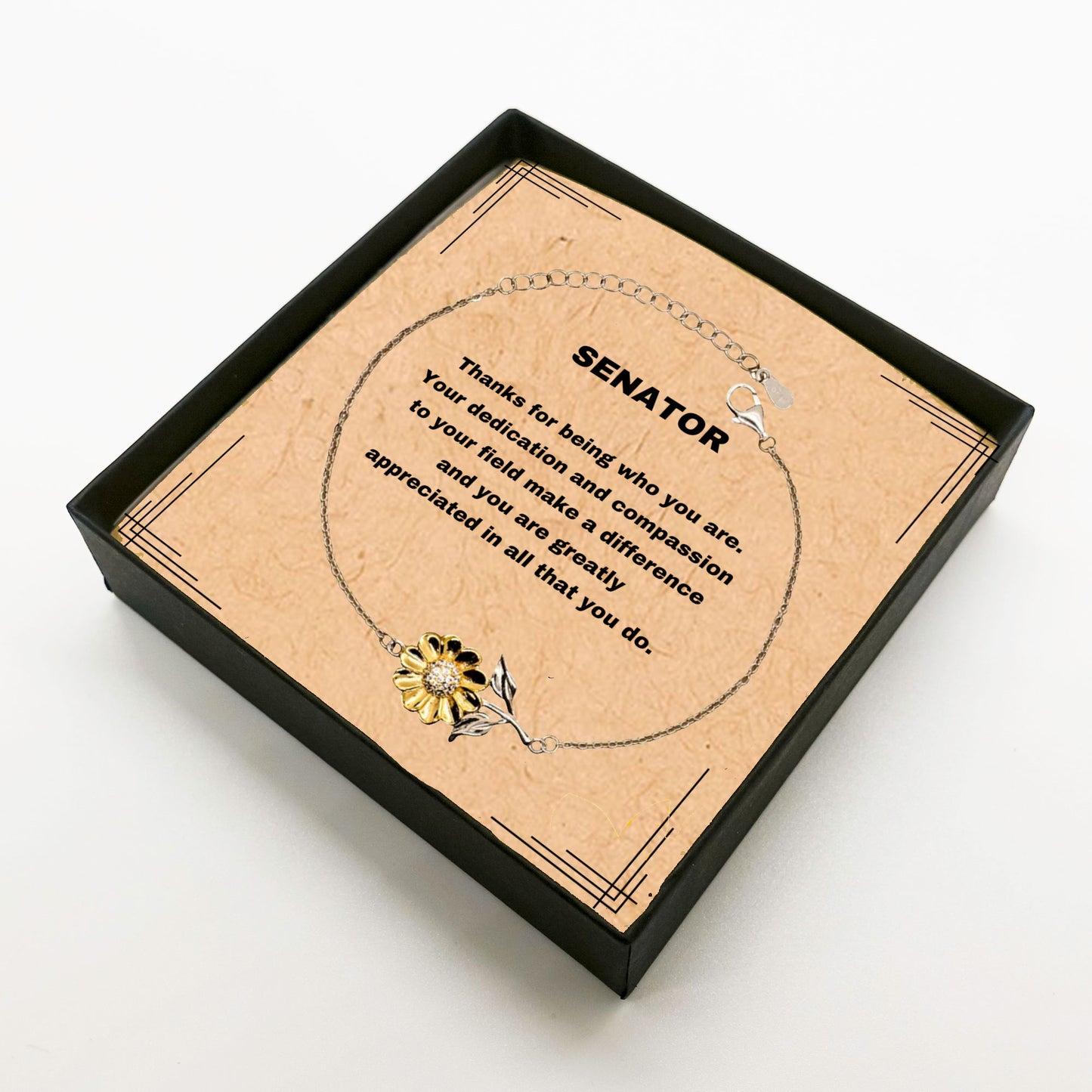 Senator Sunflower Bracelet – Sterling Silver & 18k Gold-Plated Pendant with Gift Box & Message Card – Thoughtful Appreciation Gift for Women in Public Service - Mallard Moon Gift Shop