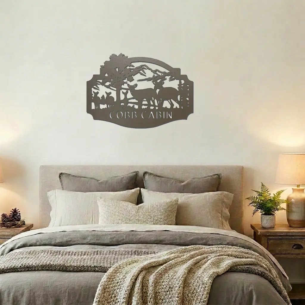 Personalized Deer Cabin Metal Wall Art – Rustic Family Name Sign – Hunting Lodge Decor – Custom Mountain Scene Steel Sign – Cabin Wall Decor Gift