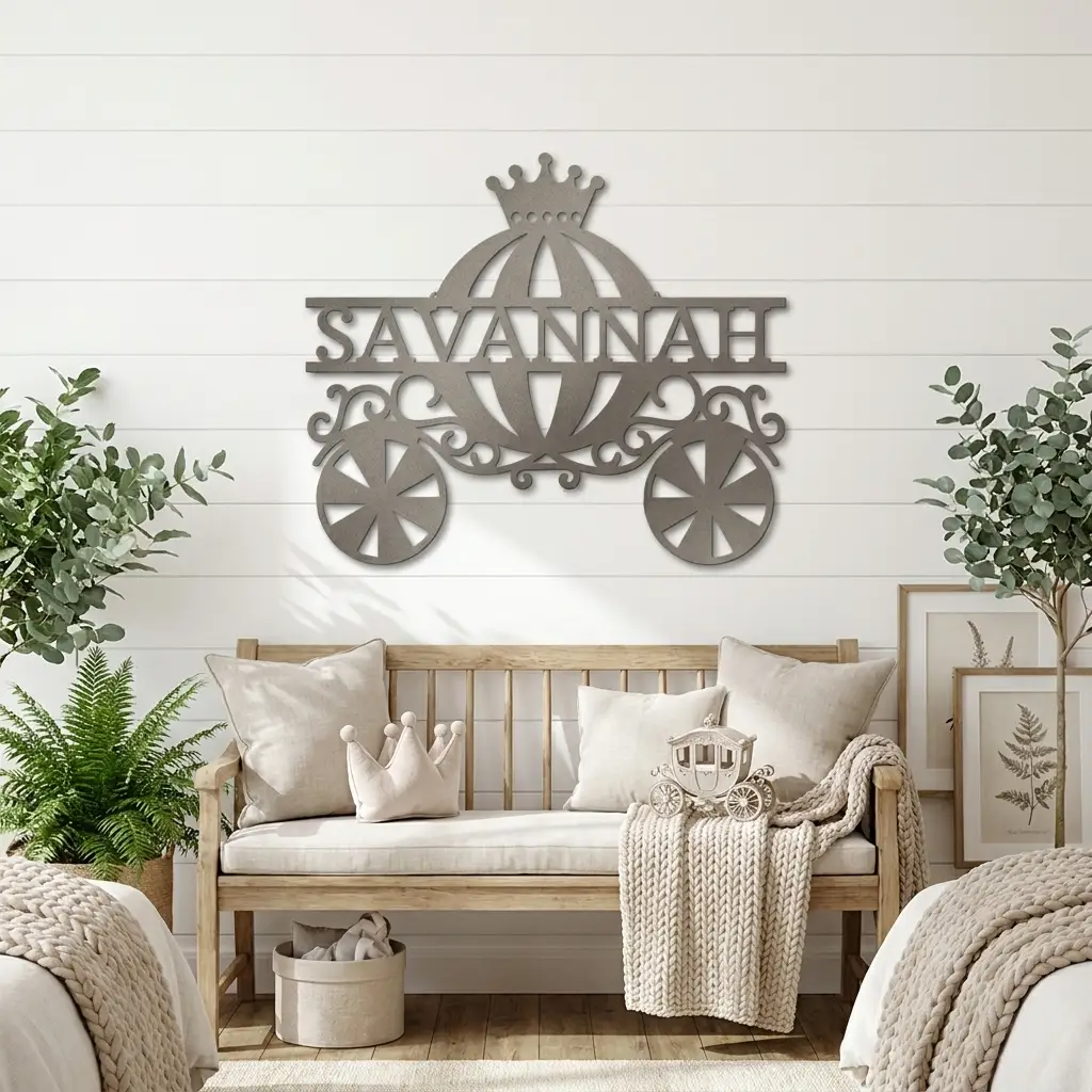 Personalized Fairytale Carriage Metal Wall Art | Custom Name Princess Carriage Sign | Girls Bedroom Decor | Whimsical Metal Wall Art | Made in USA