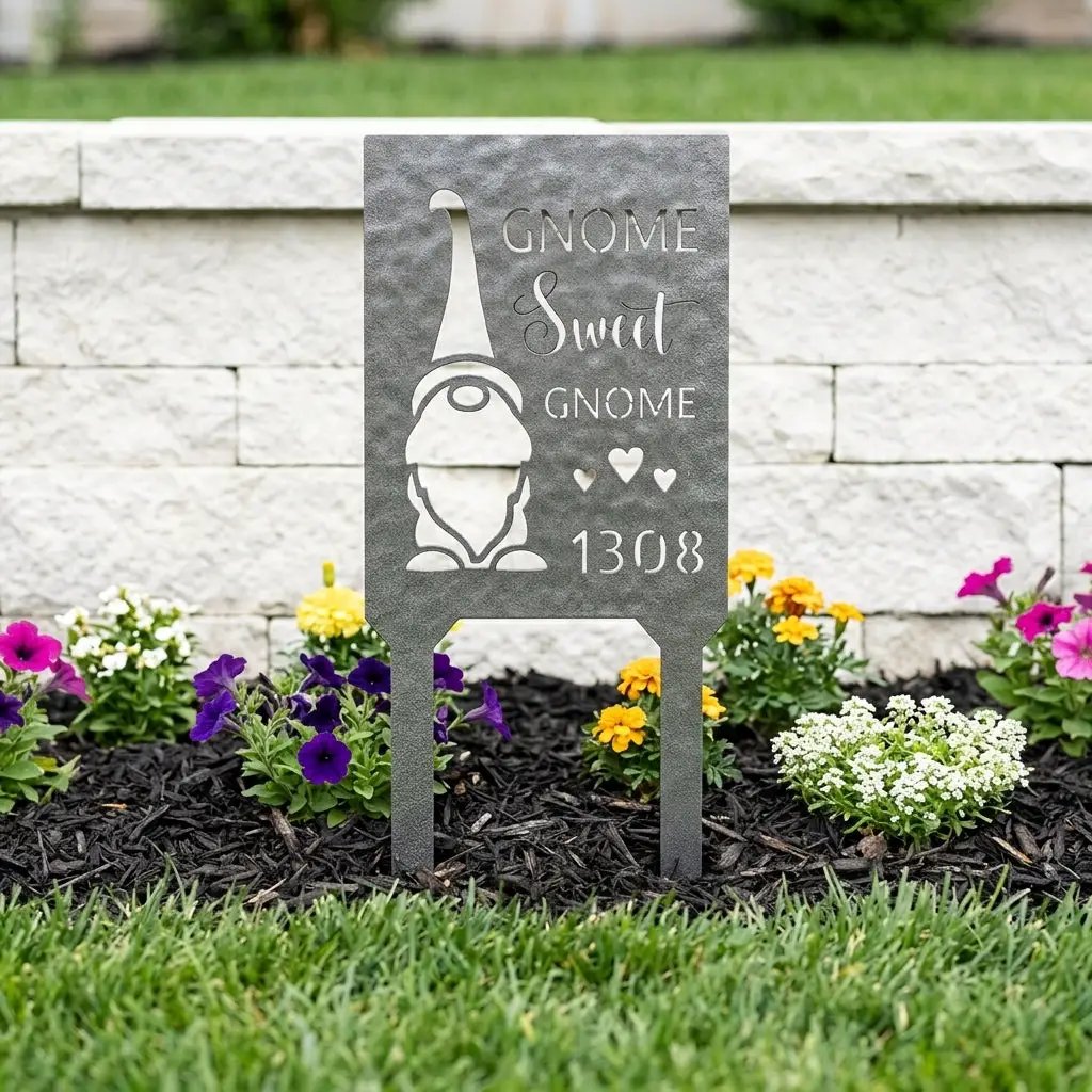 Personalized Gnome Sweet Gnome Address Sign | Custom Metal House Number Sign | Gnome Welcome Wall Decor | Outdoor Address Plaque | Made in USA