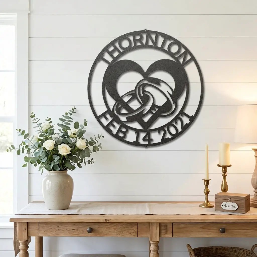 Personalized Engagement Rings Metal Wall Art Sign – Custom Couple Name and Date Steel Decor – Wedding Engagement Gift – Indoor Outdoor Powder Coated Sign