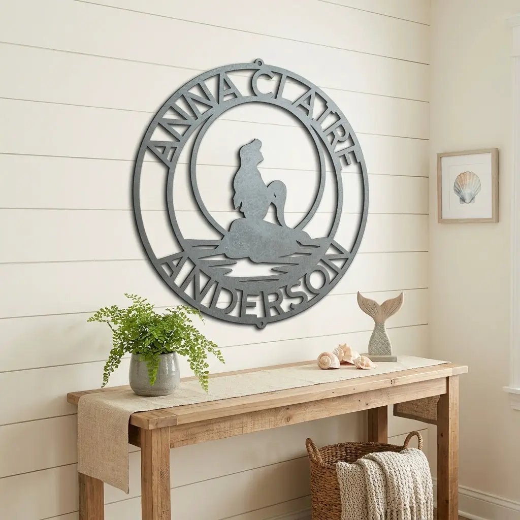 Personalized Mermaid Metal Wall Art Sign – Custom Name Steel Wall Decor for Girls Room – Ocean Themed Nursery and Bedroom Decor