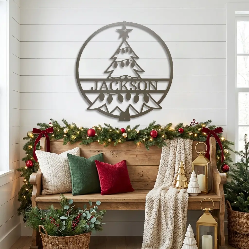 Personalized Christmas Tree Metal Wall Art – Custom Family Name Holiday Sign – Handmade Steel Décor (5 Sizes, 5 Colors)