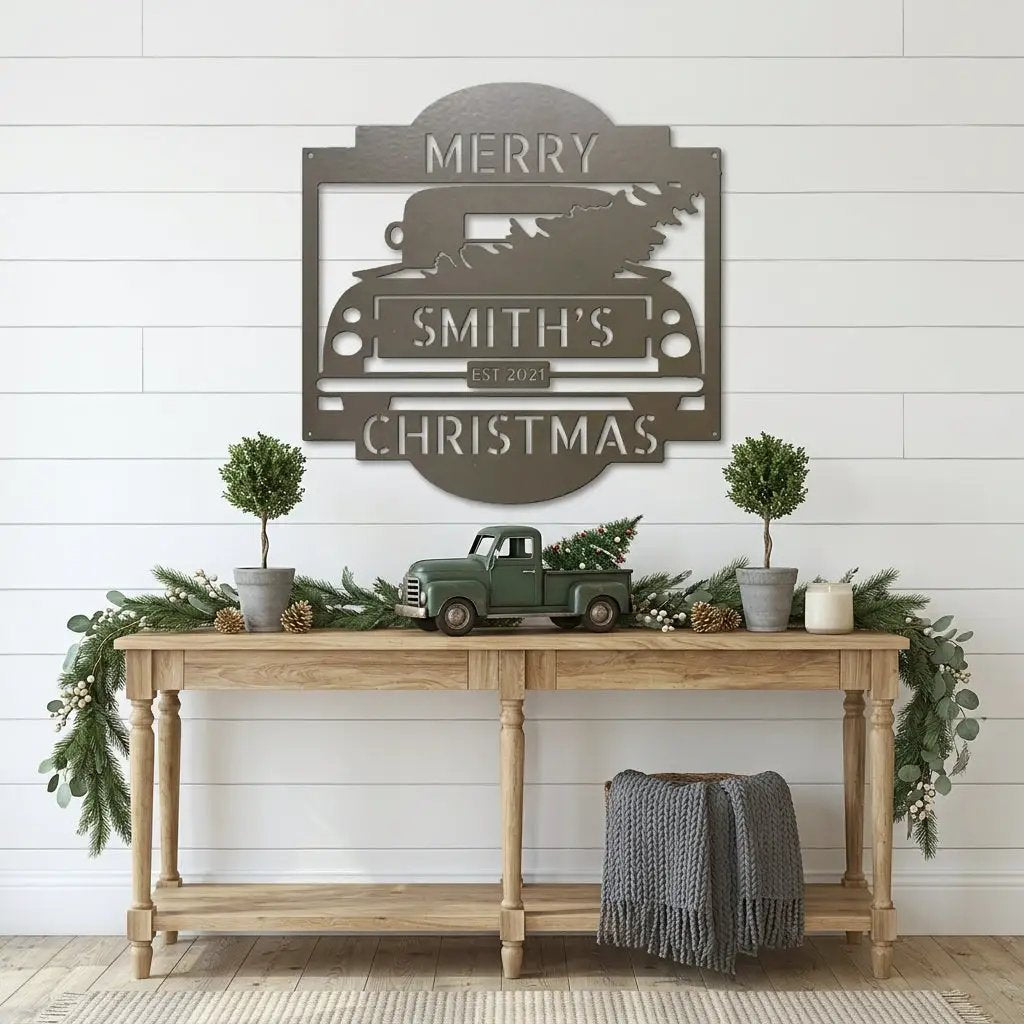 Christmas Truck Personalized Metal Wall Sign | Custom Family Holiday Wall Art | Vintage Truck Christmas Decor | Personalized Name & Year Metal Sign | Made in USA