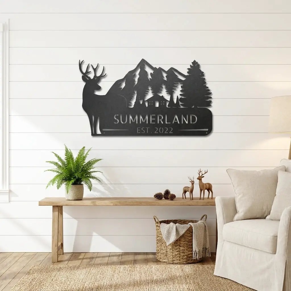 Personalized Deer Mountain Cabin Metal Sign – Custom Family Name Wilderness Wall Art – Rustic Lodge Decor with Trees & Mountains