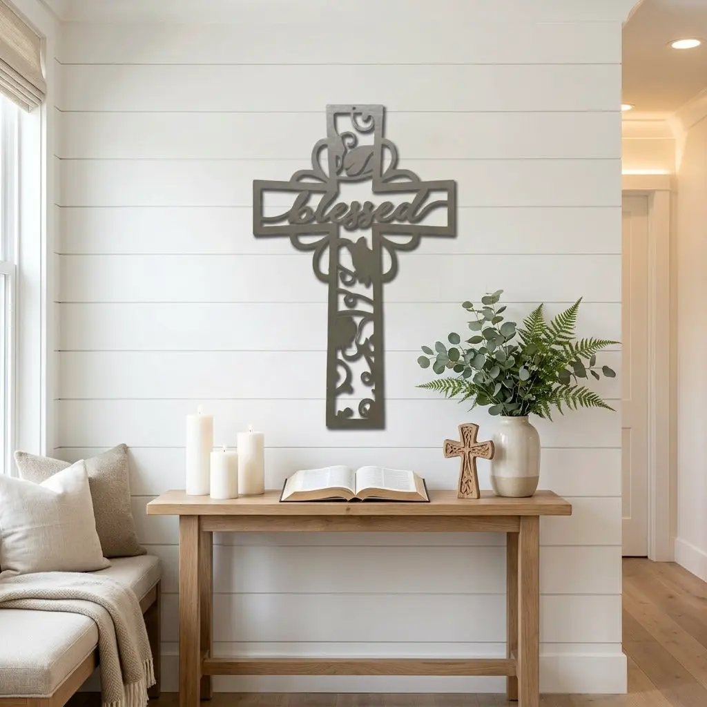 Blessed Cross Metal Wall Art | Christian Floral Cross Decor | Inspirational Faith Wall Hanging
