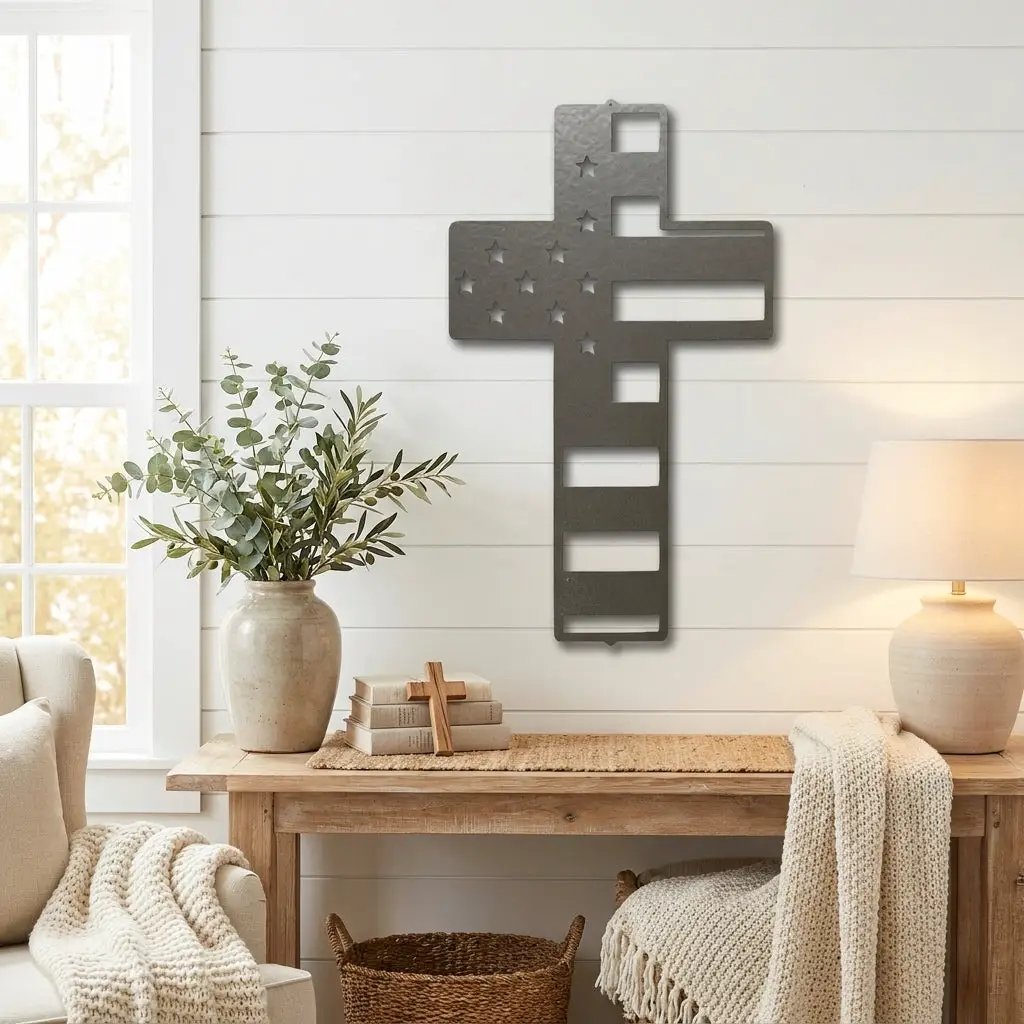 American Flag Cross Metal Wall Art – Patriotic Christian Cross Decor – USA Flag Faith Steel Sign – Veteran Tribute Wall Decor