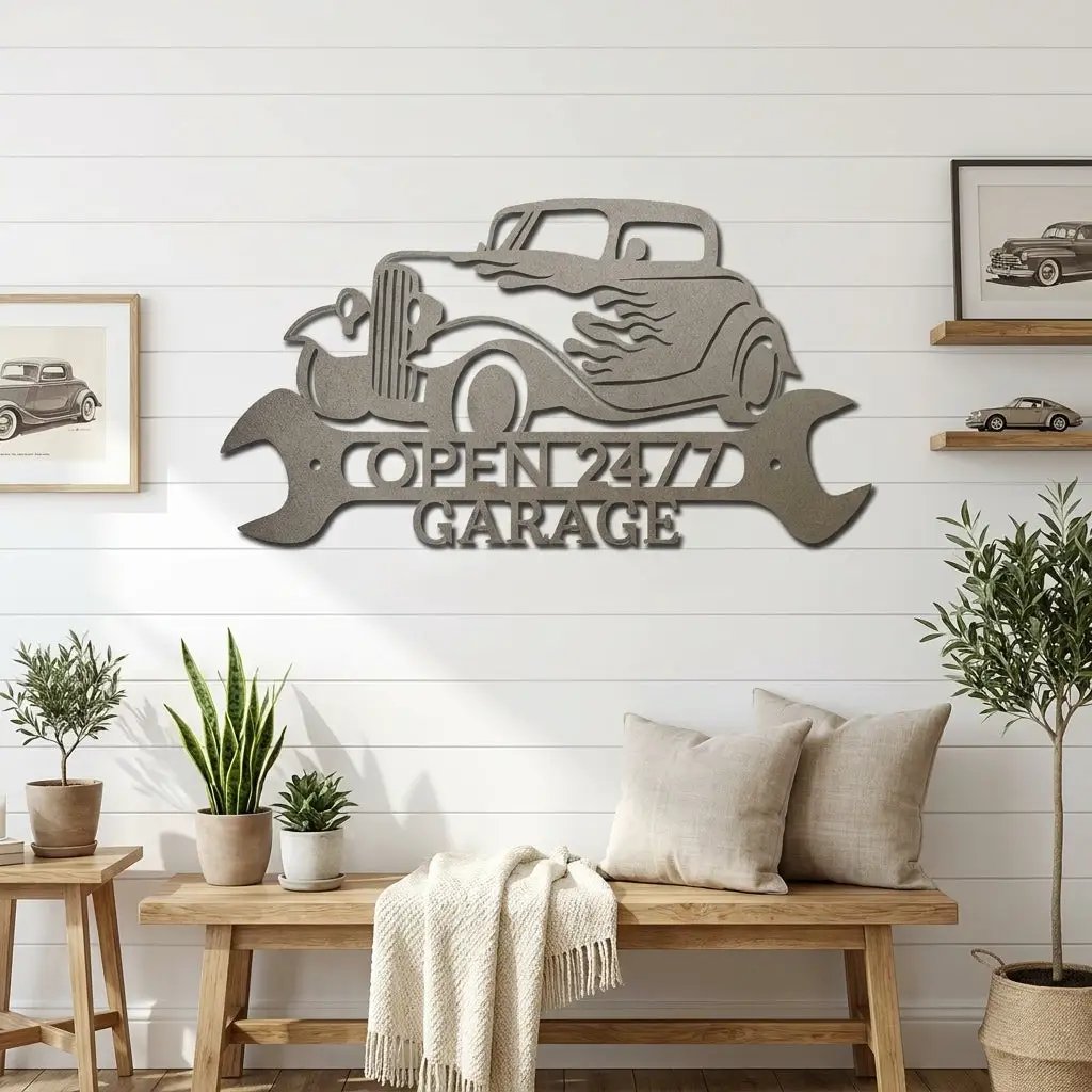Personalized Hot Rod Metal Sign – Custom Garage Sign – Classic Car Wall Art – Gift for Dad