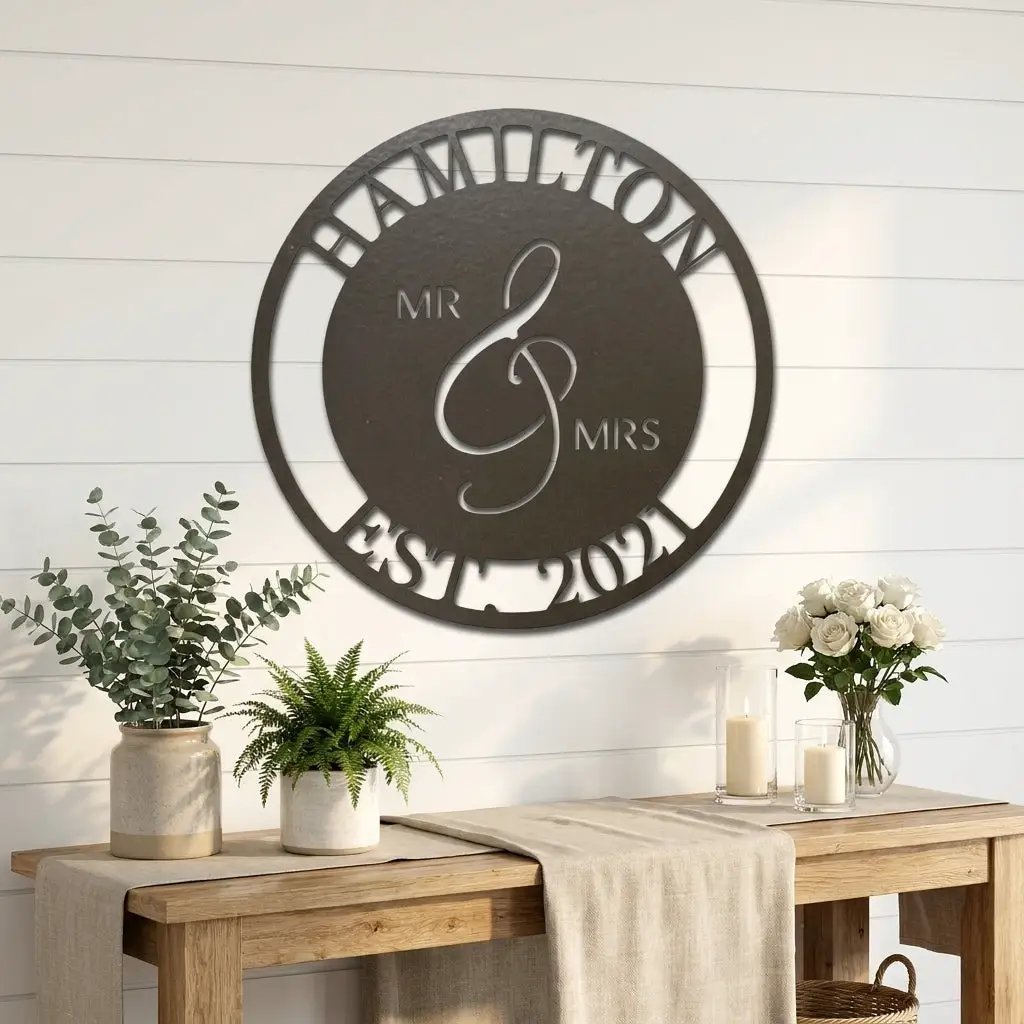 Personalized Mr and Mrs Metal Wall Art Sign with Family Name and Established Date – Custom Wedding Gift, Anniversary Name Sign, Last Name Wall Decor