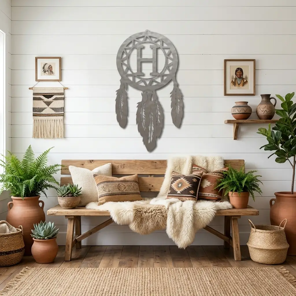 Personalized Dreamcatcher Metal Wall Art – Custom Initial Southwestern Feather Décor