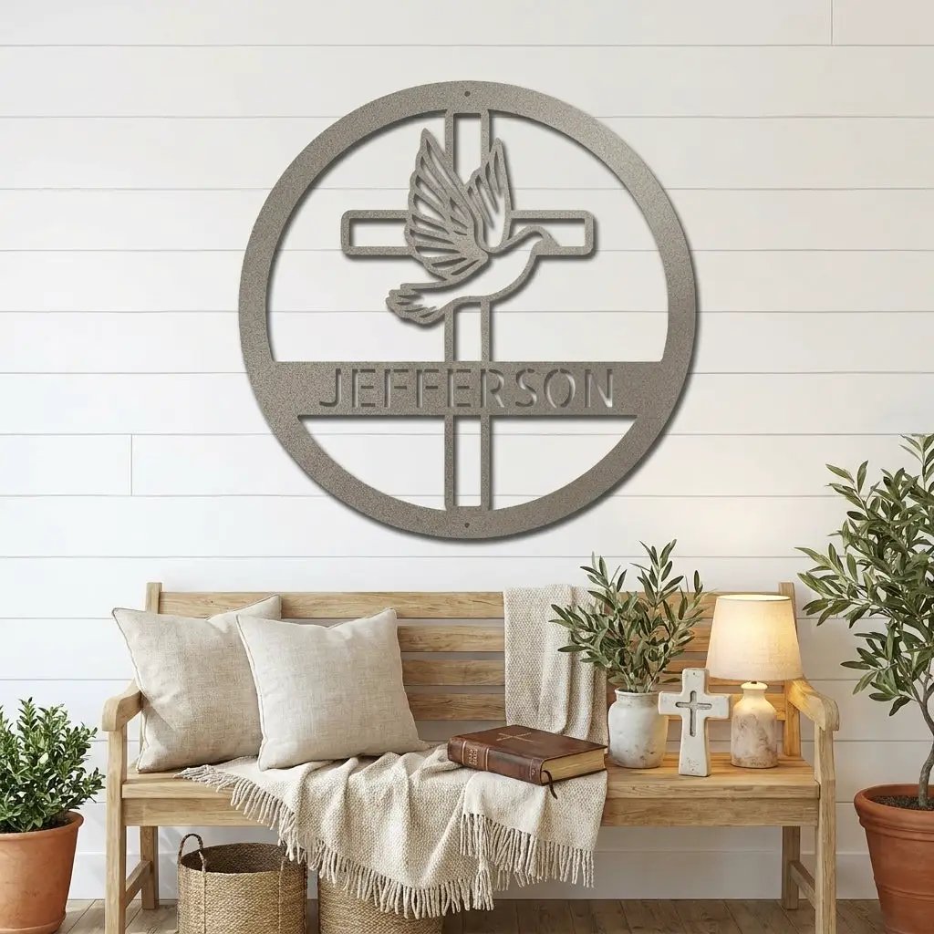 Personalized Cross & Dove Metal Wall Art – Custom Family Name Christian Steel Sign – Faith Based Farmhouse Wall Decor