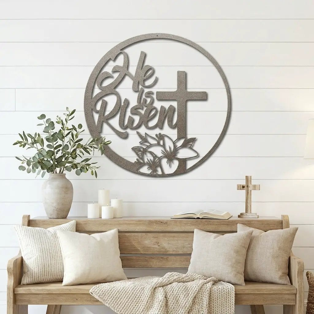Easter Cross Metal Wall Sign – Christian Home Decor – He Is Risen