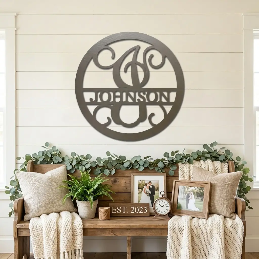 Circle Vine Monogram Personalized Name Indoor Outdoor Steel Wall Sign Metal Art