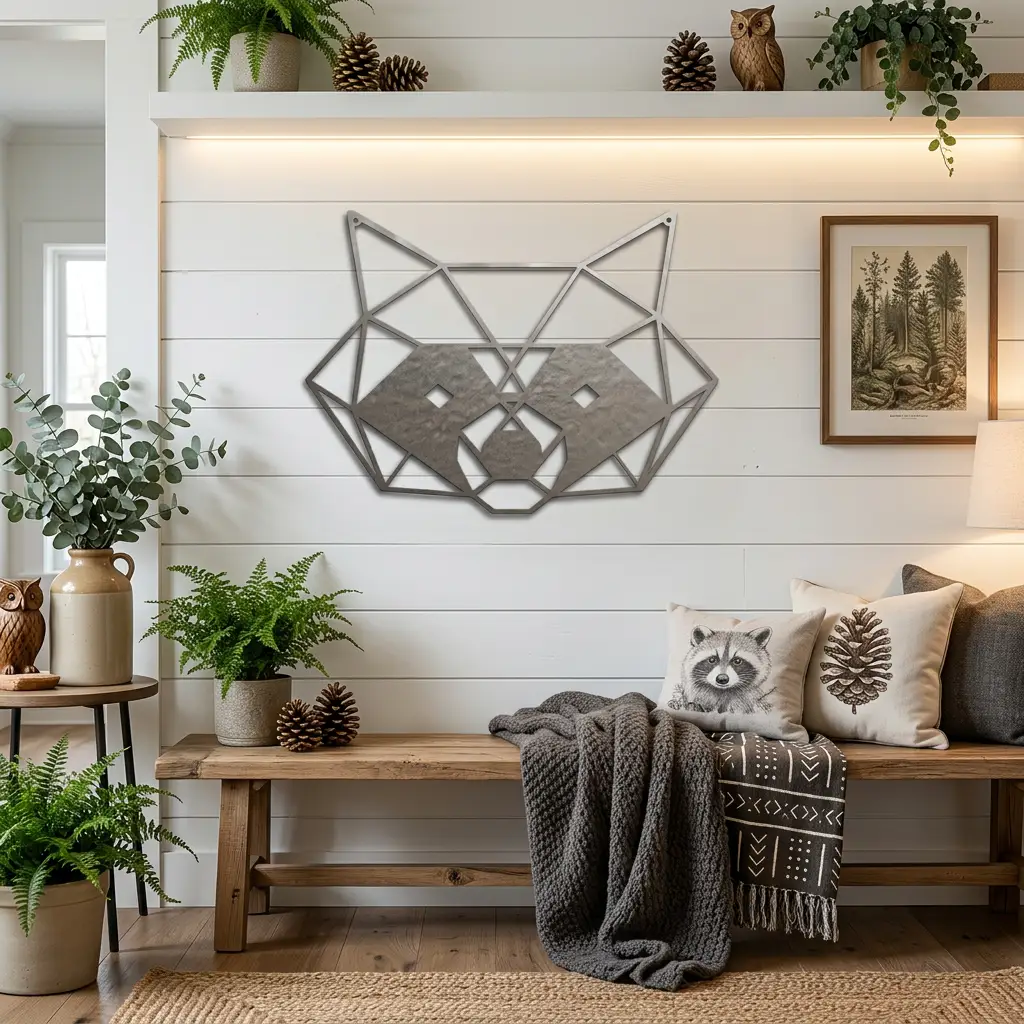 Geometric Raccoon Metal Wall Art – Modern Wildlife Steel Sign, Rustic Cabin Decor, Forest Animal Wall Hanging, Laser Cut Metal Art 12"–36"