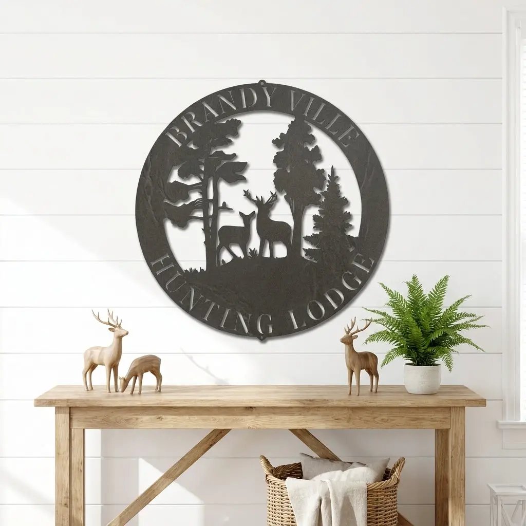 Personalized Deer Couple Metal Wall Art Custom Family Name Sign Hunting Lodge Decor Buck Doe Forest Scene Rustic Outdoor Wall Hanging