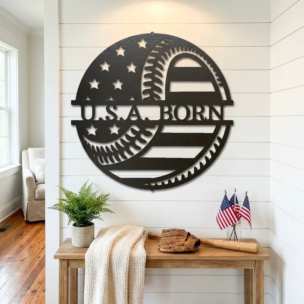 Baseball American Flag Custom Name Metal Art Wall Sign