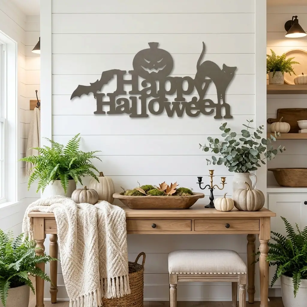 Happy Halloween Metal Wall Art Sign – Pumpkin Bat Cat Halloween Decor – Outdoor Powder Coated Steel Sign – Spooky Farmhouse Porch Decor