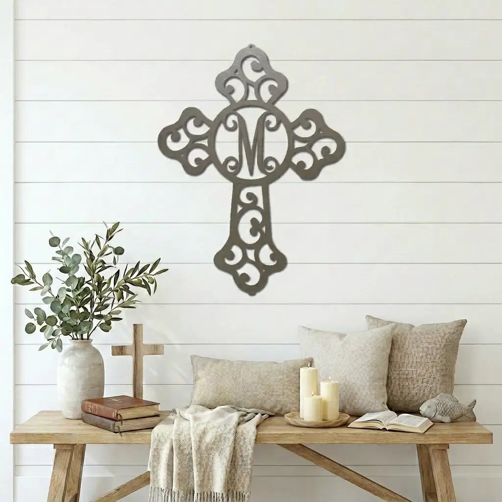 Personalized Initial Cross Metal Wall Art | Custom Monogram Christian Cross Decor | Ornate Faith Wall Hanging