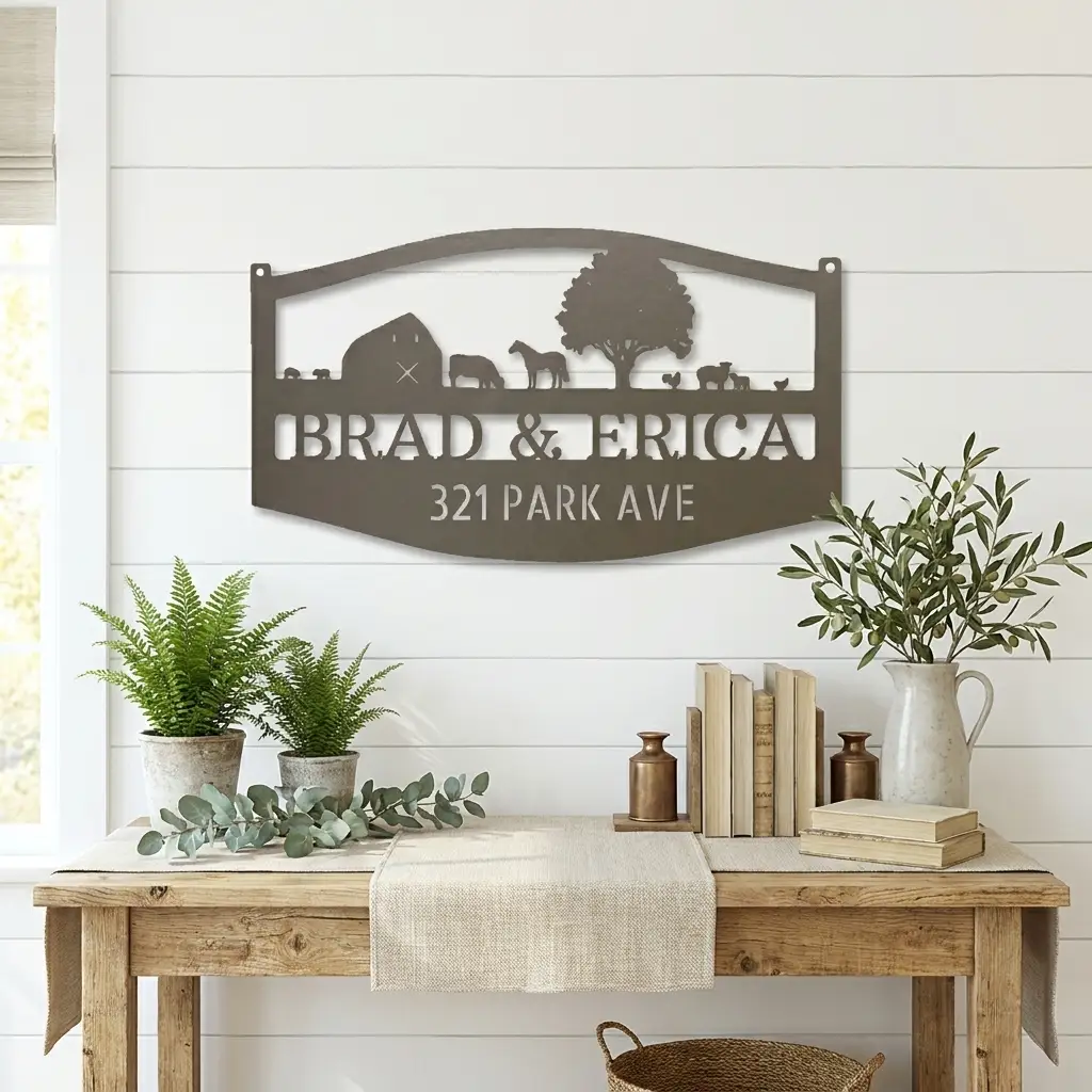 Farm Scene Custom Name Indoor Outdoor Monogram Steel Wall Sign