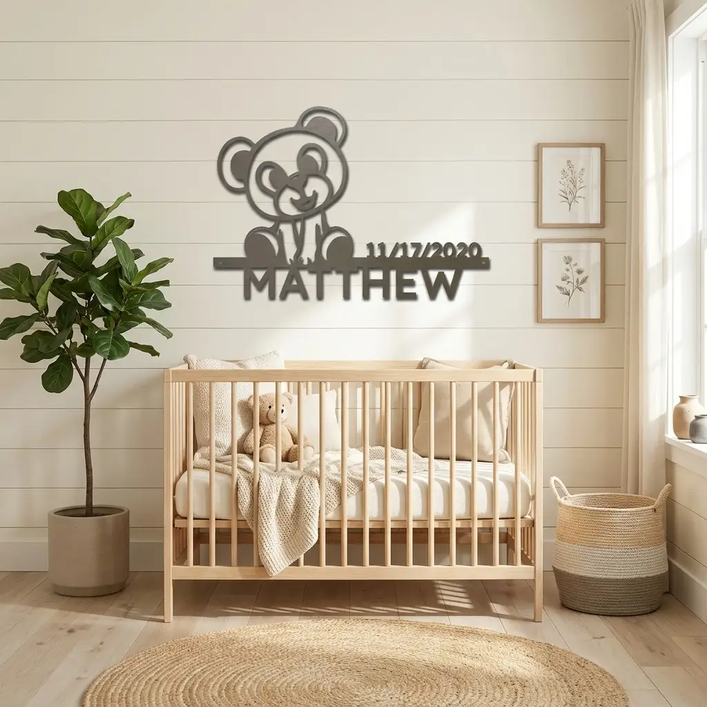 Personalized Teddy Bear Nursery Metal Wall Art – Custom Baby Name Sign with Birth Date – Nursery Decor – Baby Shower Gift