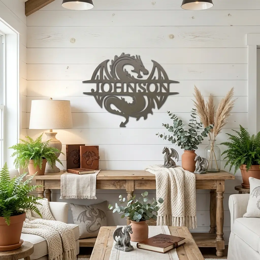 Celtic Dragon Monogram Personalized Name Indoor Outdoor Steel Wall Sign Metal Art