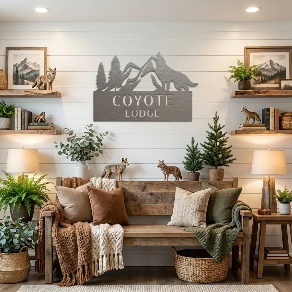 Coyote and Mountains Custom Name Metal Wall Sign