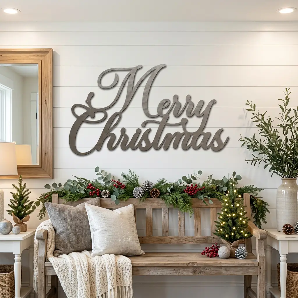 Merry Christmas Script Lettering Metal Wall Sign
