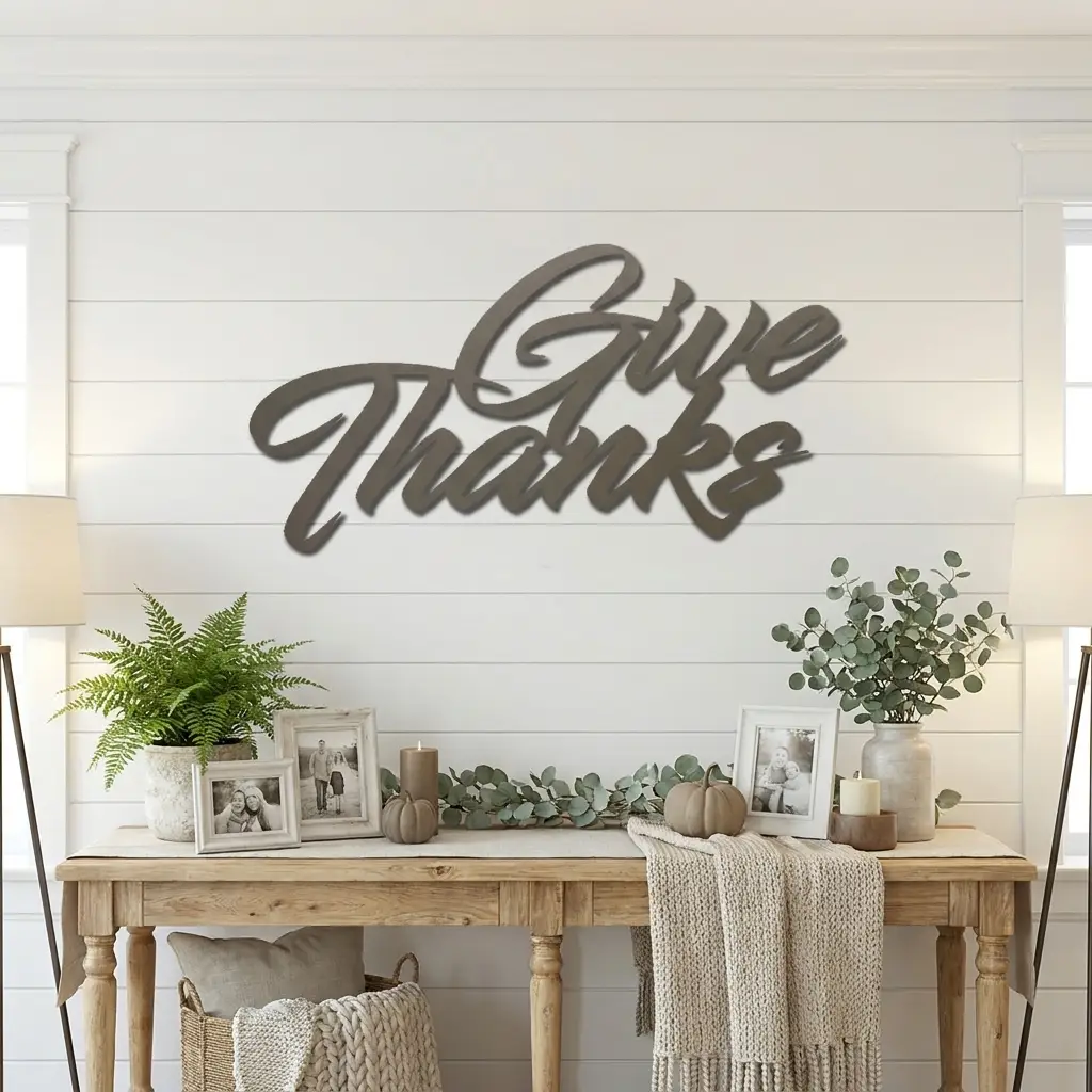 Give Thanks Metal Sign, Farmhouse Wall Decor, Thanksgiving Decor, Script Wall Art, Fall Home Decor, Gratitude Sign