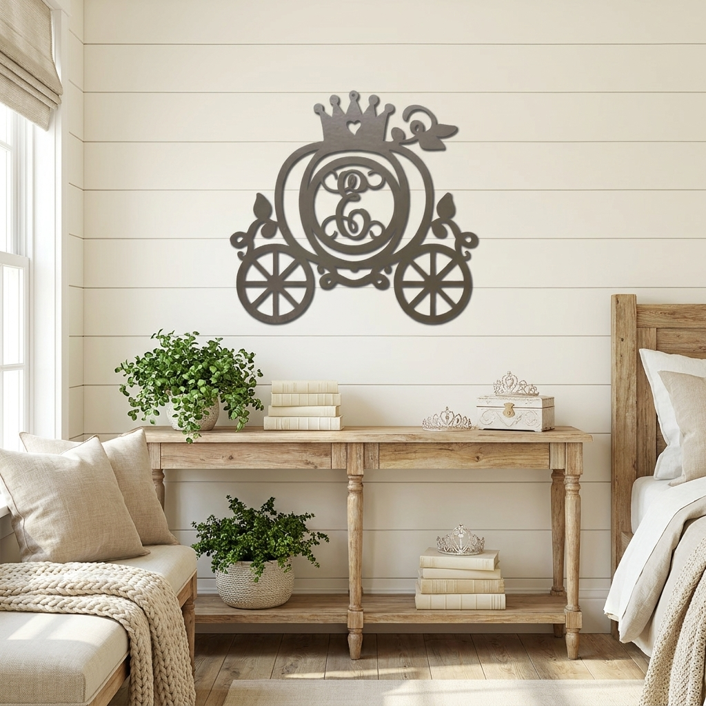 Personalized Fairytale Pumpkin Carriage Metal Wall Art | Custom Initial Princess Carriage Sign | Monogram Metal Decor | Made in USA