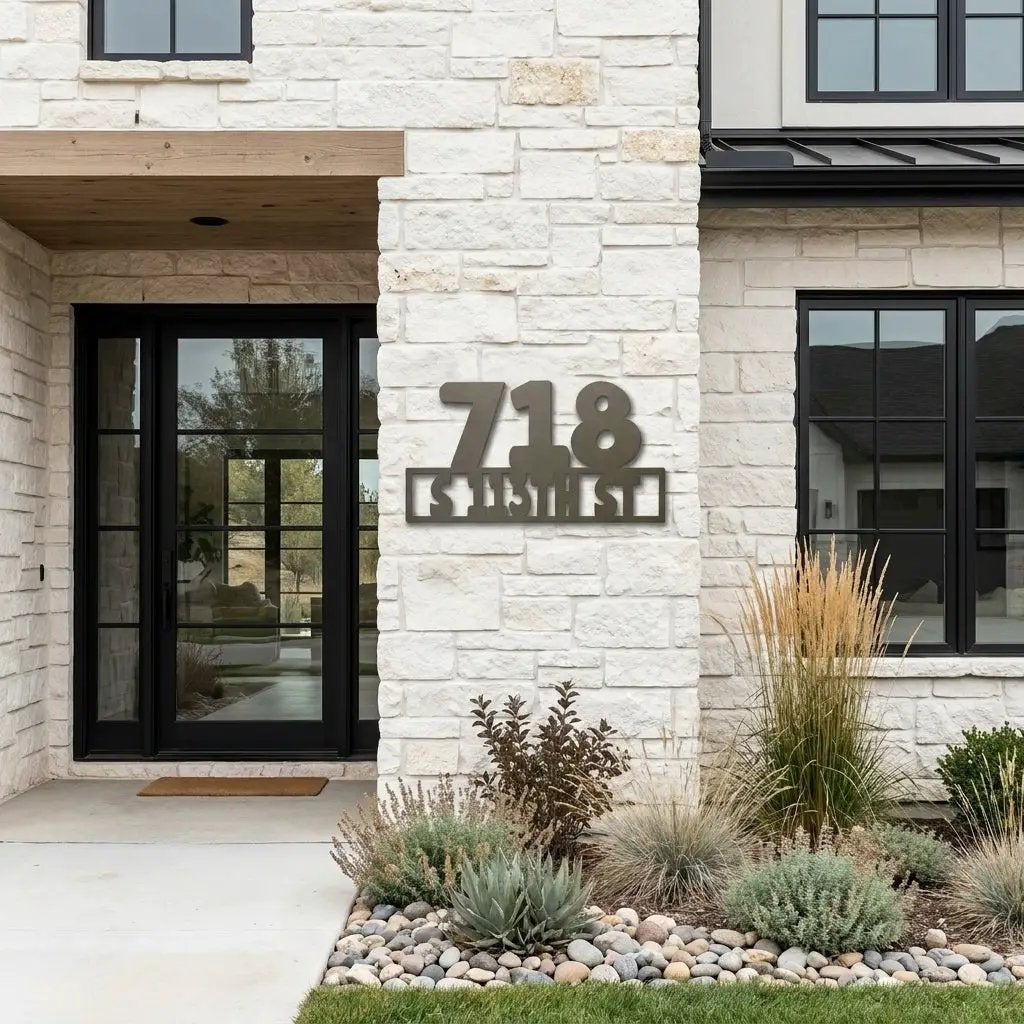 Personalized Metal Address Sign – Custom House Number Steel Wall Art – Modern Farmhouse Address Plaque – Outdoor Powder Coated Home Decor