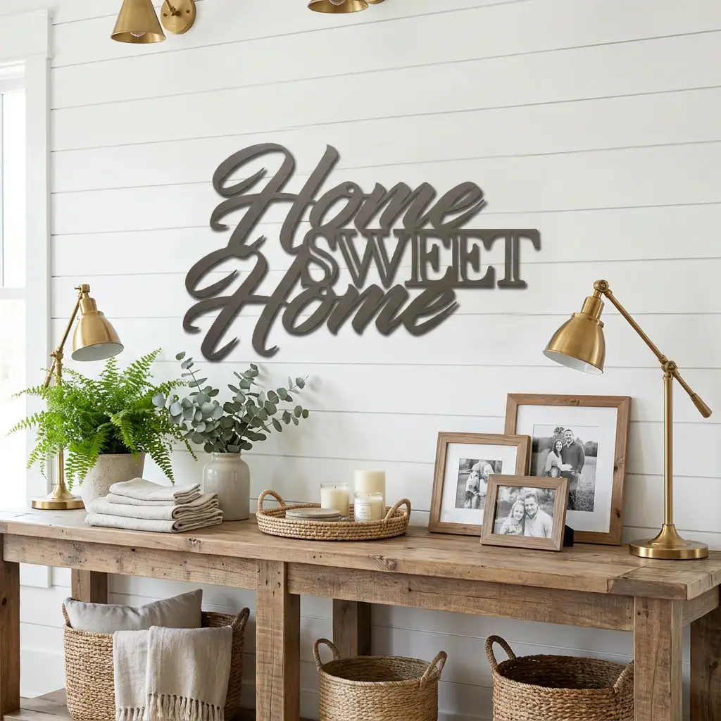 Home Sweet Home Metal Sign, Farmhouse Wall Decor, Script Wall Art, Rustic Home Decor, Housewarming Gift