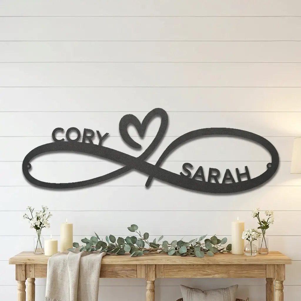 Personalized Infinity Name Metal Wall Art – Custom Couple Sign with Heart, Wedding Gift, Anniversary Decor, Romantic Home Decor