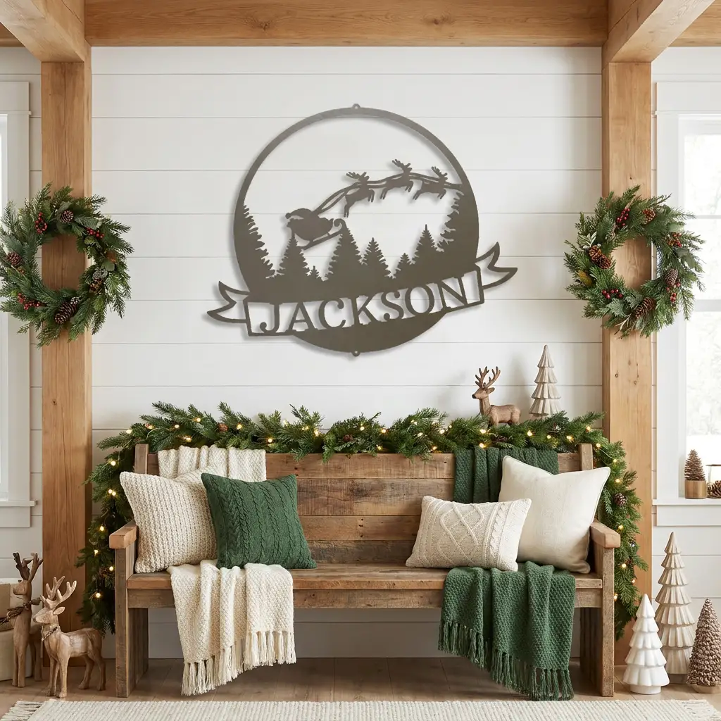Personalized Santa Sleigh Flying Through Sky Metal Wall Art – Custom Family Name Banner Christmas Sign – Holiday Steel Décor (5 Sizes, 5 Colors)