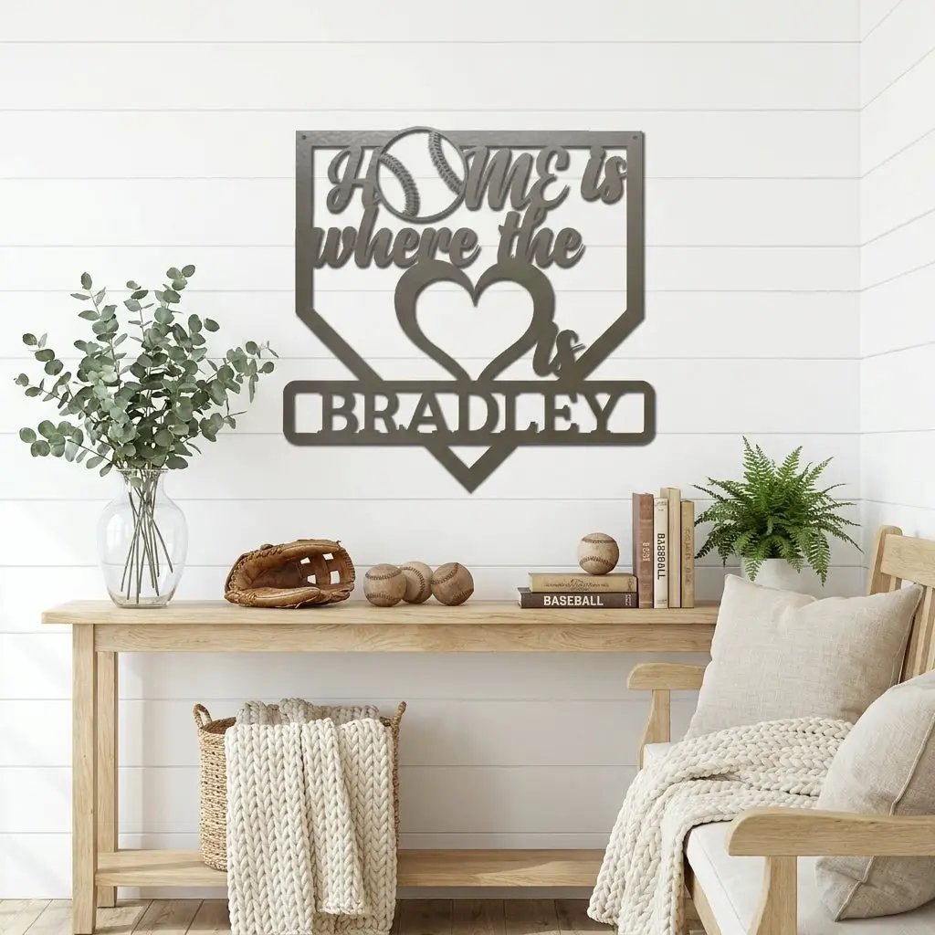 Personalized Baseball Home Plate Metal Wall Art | Custom Family Name Baseball Sign | Baseball Lover Home Decor